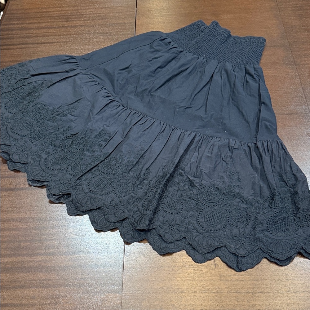 Jason Wu Black A-Line Tiered Skirt Smocked Waist w/Scalloped Lace Embroidery Hem